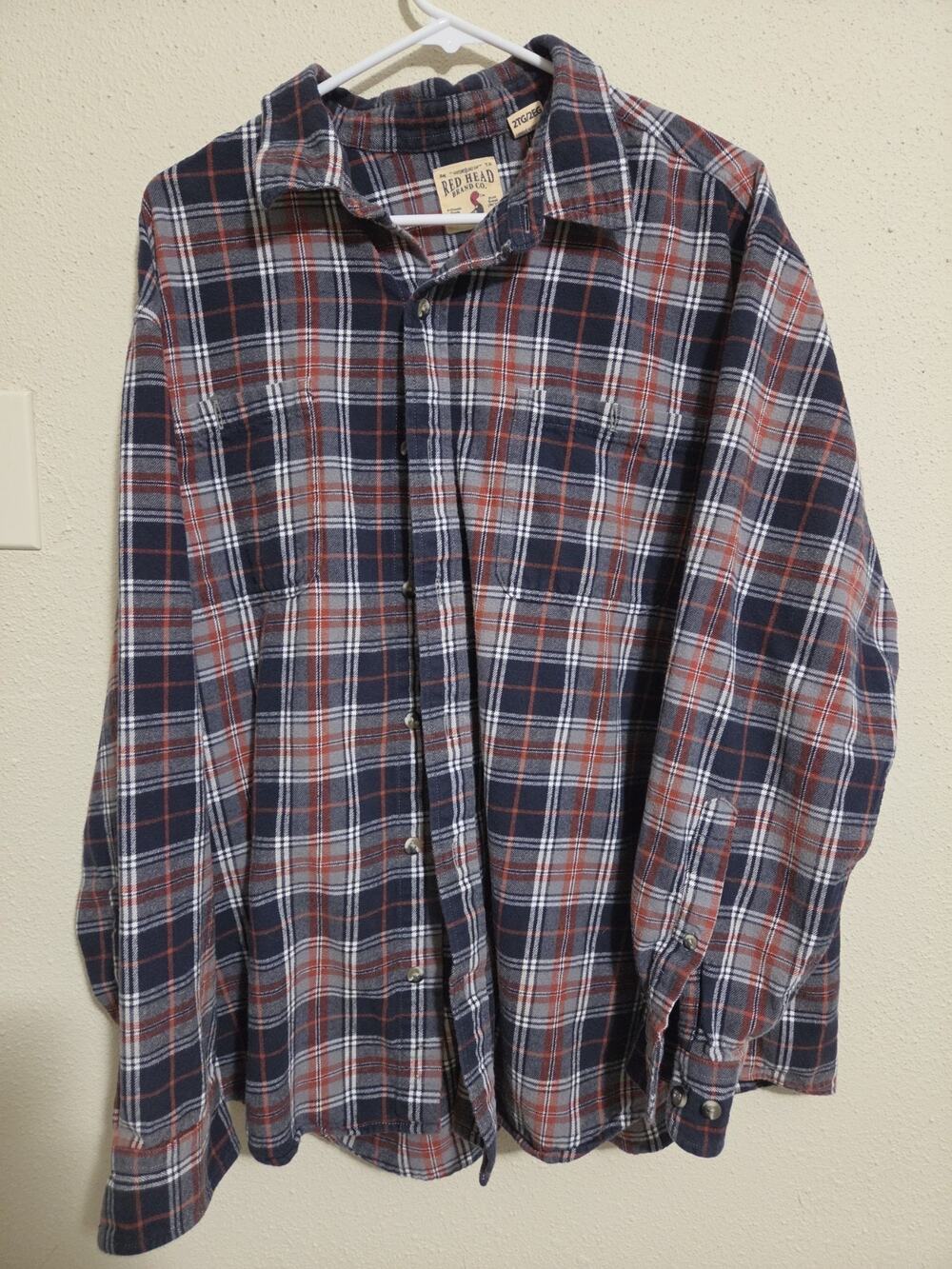 RedHead Brand Co Mens 2XL Plaid Flannel Shirt Navy Red Gray Button Up Workwear